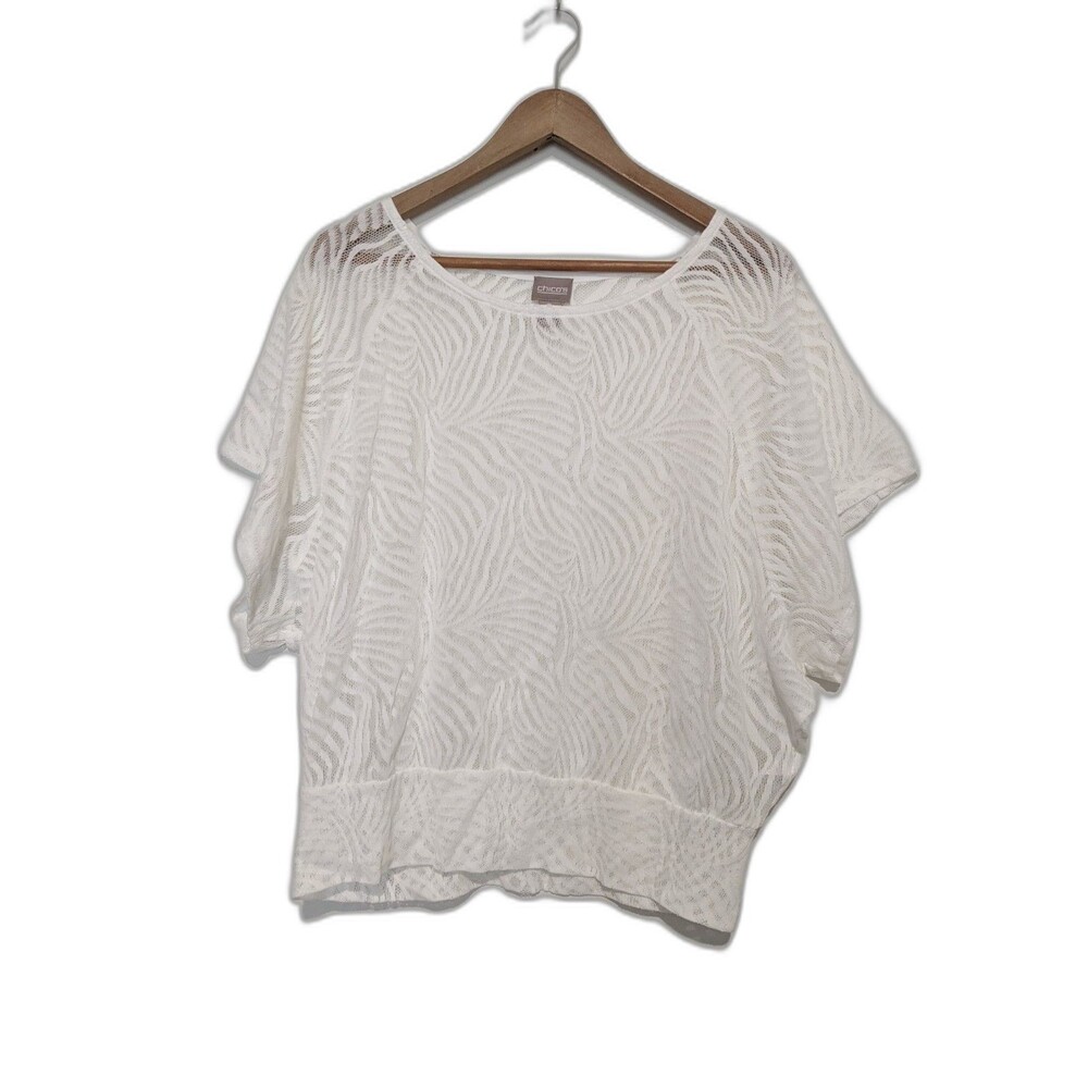 Chico's Semi-Sheer White Zebra Striped Short Sleeve Dolman Sleeve Top 2 M